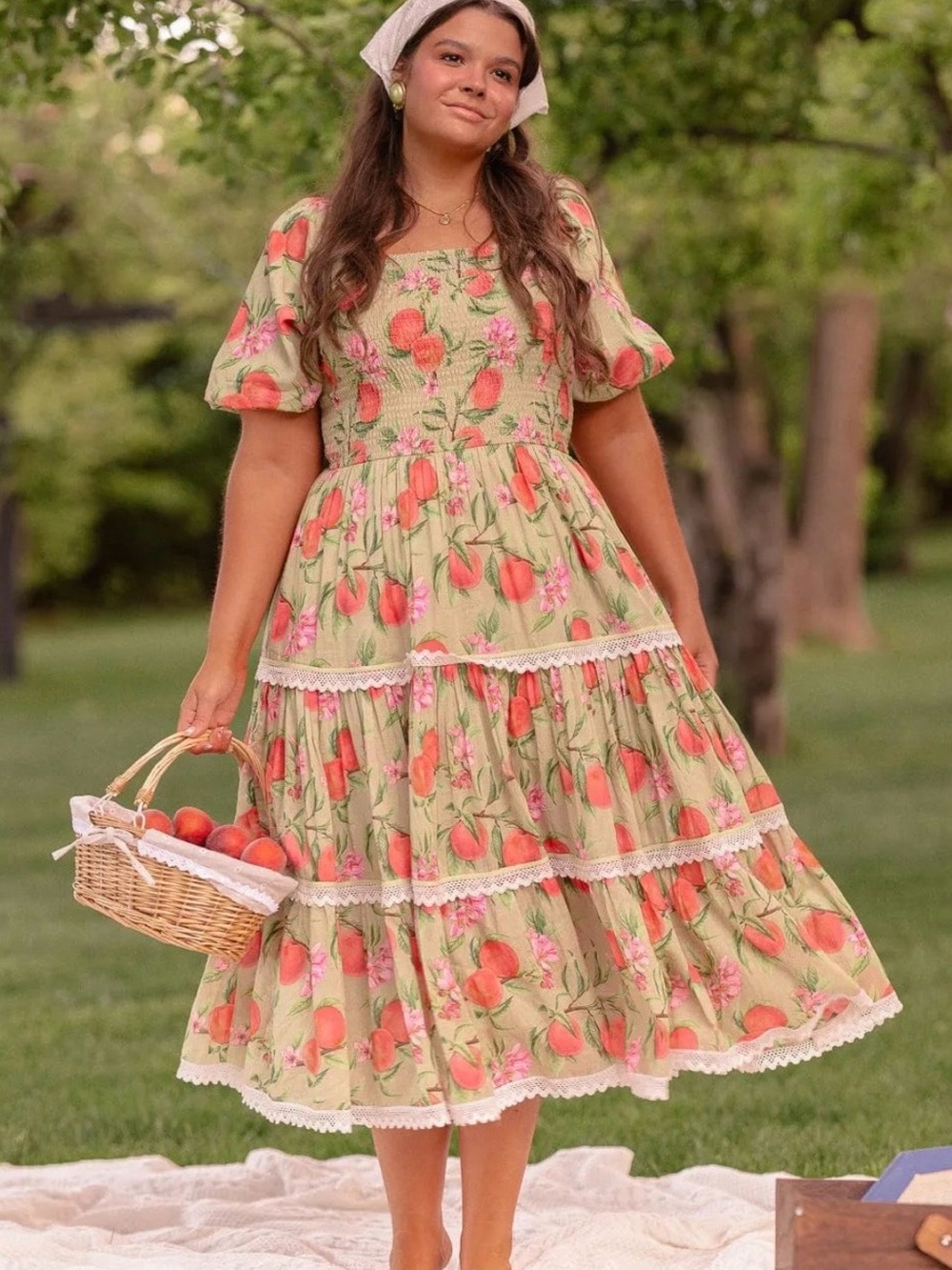 JessaKae Peaches Green Peach-Print Tiered Midi Dress